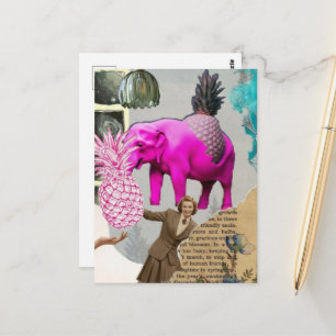 Cartão Postal Mulher Vintage Colagem de Elefante Rosa