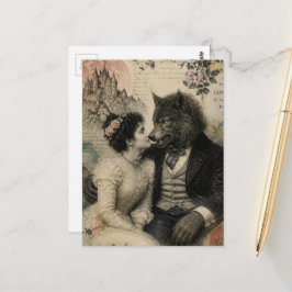 Cartão Postal Mulher Vintage e Lobisomem Apaixonados Colagem