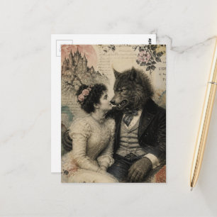 Cartão Postal Mulher Vintage e Lobisomem Apaixonados Colagem