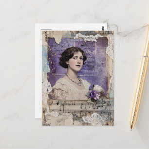 Cartão Postal Mulher Vintage Roxo Colagem Partitura floral