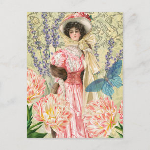 Cartão Postal Mulher Vitoriana Floral Rosa Regência