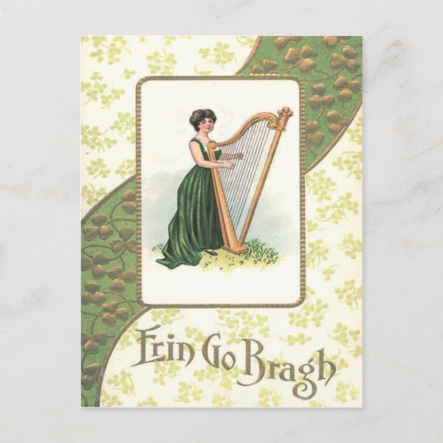 Cartão Postal Mulher vitoriana Harp Shamrock Dourado (Frente)