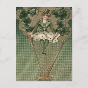 Cartão Postal Mulher Vitoriana Harpa Chapéu Verde de Três Folhas