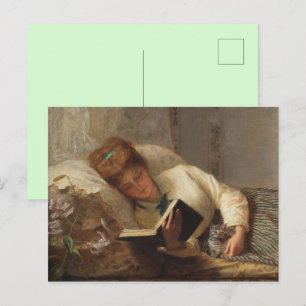 Cartão Postal Mulher Vitoriana Lendo e Segurando um Gatinho em u