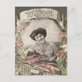 Cartão Postal Mulher Vitoriana Peixe Poisson d'avril Dia da Ment