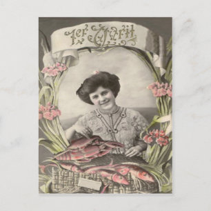 Cartão Postal Mulher Vitoriana Peixe Poisson d'avril Dia da Ment