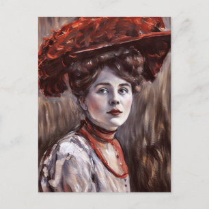 Cartão Postal mulher vitoriana usando chapéu penas vermelhas art