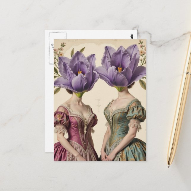 Cartão Postal Mulheres Com Cabeças de Flores Roxas Colagem (Frente/Verso In Situ)