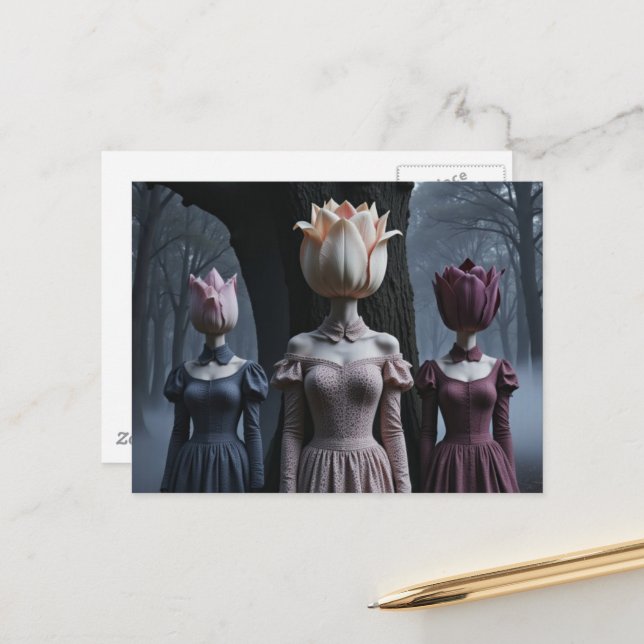 Cartão Postal Mulheres Com Cabeças de Tulipa Floresta Assombrada (Frente/Verso In Situ)