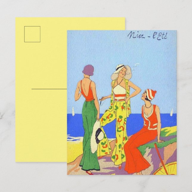 Cartão Postal Mulheres dos anos 30 em Pijamas de Praia da Moda C (Frente/Verso)