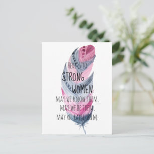 Cartão Postal Mulheres Fortes Aquarela Rosa Cinza Boho Pena