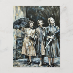 Cartão Postal Mulheres jovens com guarda-chuvas pintura abstrata