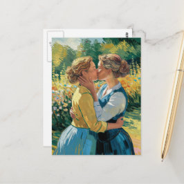 Cartão Postal Mulheres no Beijo do Amor no Jardim
