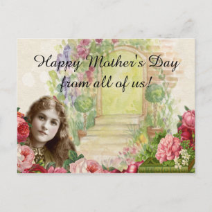 Cartão Postal Mulheres Rosas de Repolho Vitorianas Porta Floral