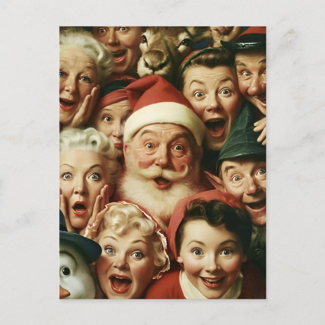 Cartão Postal Multidão de Natal retrô com Papai Noel (Frente)