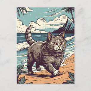 Cartão Postal Munchkin-Cat numa praia tropical durante o pôr do
