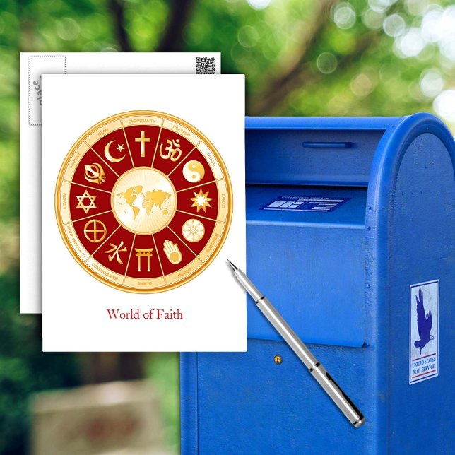 Cartão Postal Mundo da Fé (World of Faith Postcard.
Gold symbols of international religions surround a world map. )