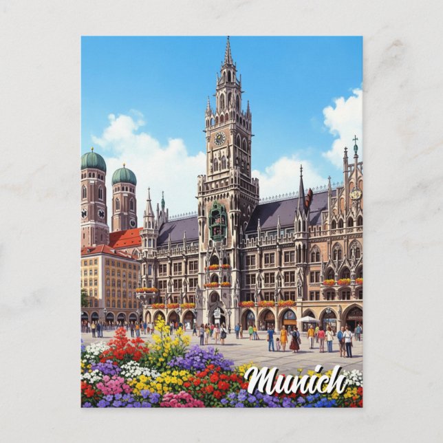 Cartão Postal Munich Marienplatz Germany Flowers (Frente)