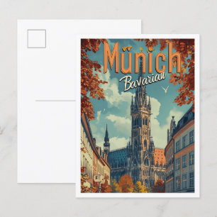 Cartão Postal Munique Alemanha Ilustração de Viagem de Arte Anti