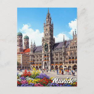 Cartão Postal Munique Marienplatz Alemanha Flores