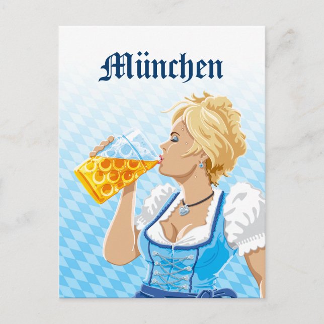 Cartão postal Munique Mulher Dirndl Bebendo Beer (Frente)