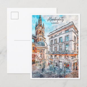Cartão Postal Munsterplatz Alemanha viagem antiga aquarela