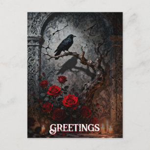 Cartão Postal Mural de Aniversário Corvo e Rosas Gótico Sombrio