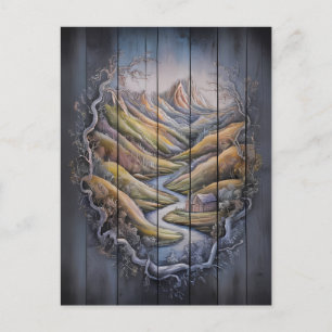 Cartão Postal Mural Majestésico de Montanha em Muro de Madeira