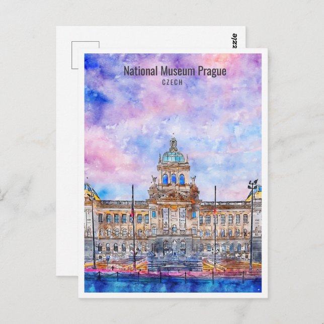 Cartão Postal Museu Nacional Praga Viagem Place Watercolor (Frente/Verso)