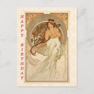 Cartão Postal Música de Alphonse Mucha, Feliz Aniversário 