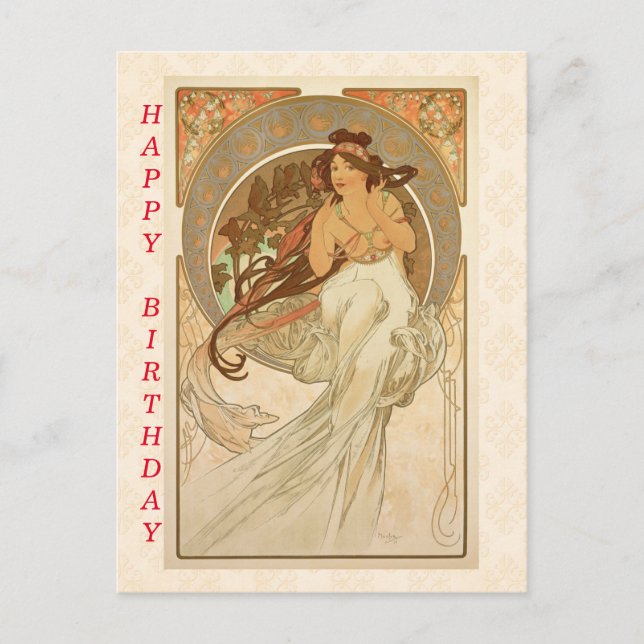 Cartão Postal Música de Alphonse Mucha, Feliz Aniversário  (Frente)
