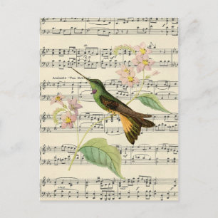 Cartão Postal música de beija-flor-botânica vintage
