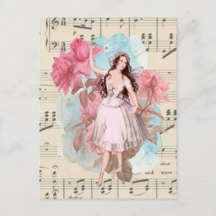 Cartão Postal Música de Fada Vintage Floral Bailarina Dançarina