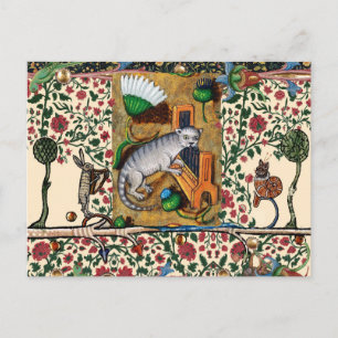 CARTÃO POSTAL MÚSICA ESQUISITA DE BESTIÁRIO MEDIEVAL,GATO TOCAND