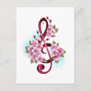 Cartão Postal Musical treble clef notes with Sakura flowers