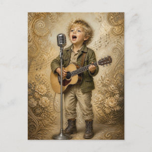 Cartão Postal Músico Menino Cantando e Tocando Violão