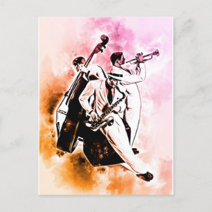 Cartão Postal Músicos de Banda JAZZ Música Única de Aquarela