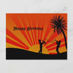 Cartão Postal Músicos Pôr do Sol Laranja Silhueta Aniversário