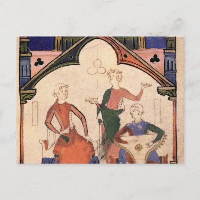Cartão Postal Músicos tocando castanholas e um saltério (Frente)