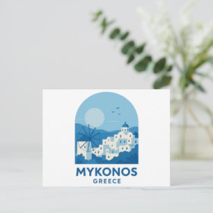 Cartão Postal Mykonos Grécia Arte de Viagem Minimalista Azul