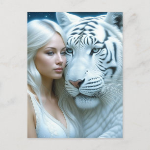 Cartão Postal Mystical White Tiger e Mulher