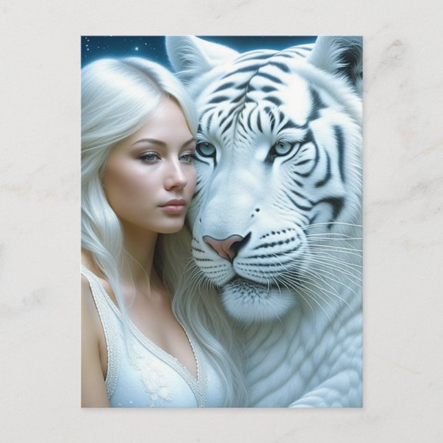 Cartão Postal Mystical White Tiger e Mulher (Frente)