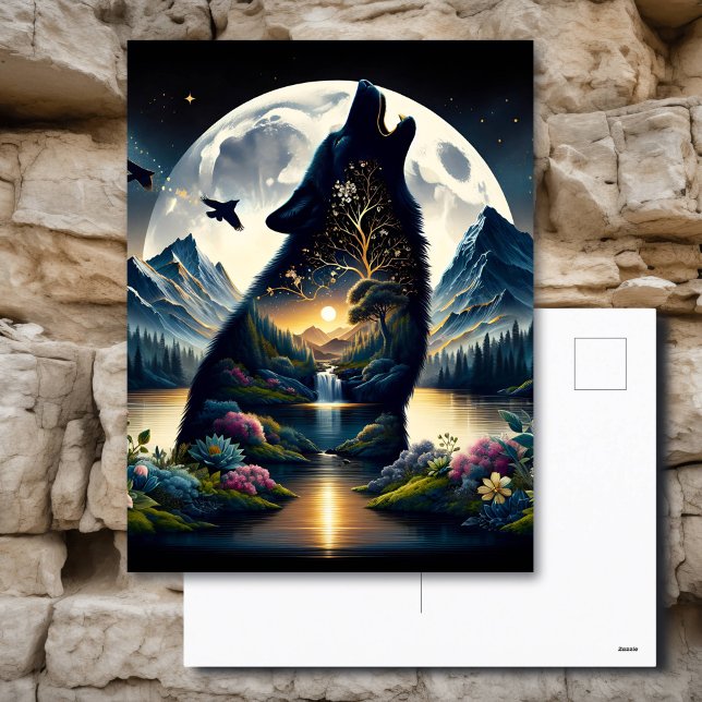 Cartão Postal Mystical Wolf Howling no Moon Surreal (Criador carregado)