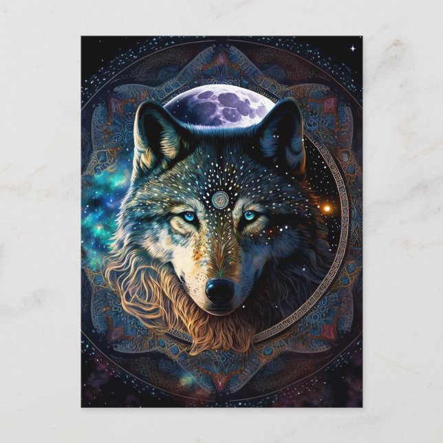 Cartão Postal Mystical Wolf Moon Mandala (Frente)