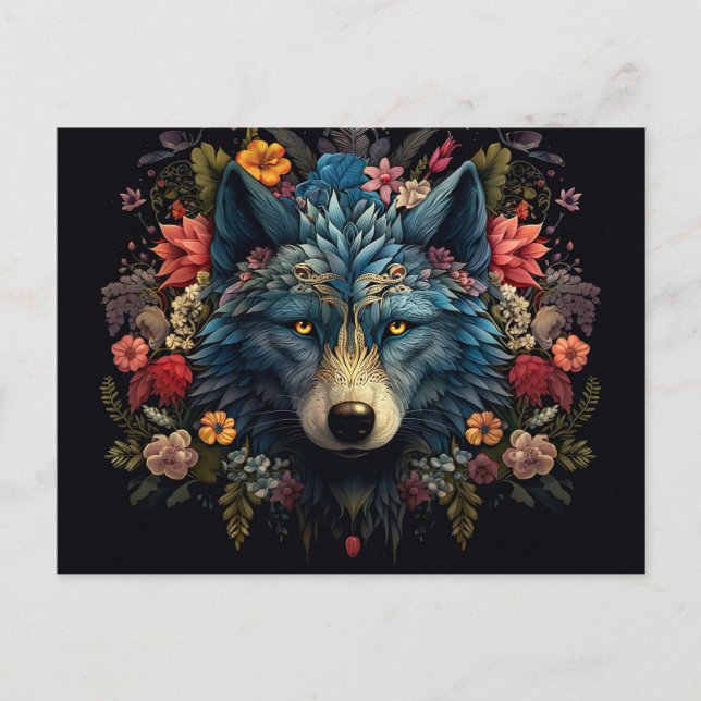 Cartão Postal Mystischer Wolf umringt von Blumen (Frente)