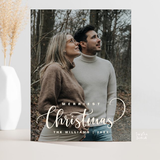 Cartão Postal Na moda e Rustic, Feliz Natal Foto (Stylish and Rustic, Modern Merry Christmas Family Photo Postcard in Cream and White)