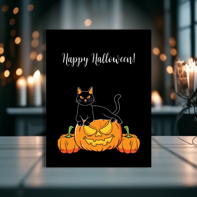 Cartão Postal Na moda Negro Feliz Halloween Gato e Impressão de  (Black Stylish Happy Halloween Cat & Pumpkin Print Postcard!)