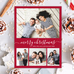 Cartão Postal Na moda Script Collage Family Photo Red Christmas<br><div class="desc">Colagem de Fotos Mínima, Na moda Elegante, Vermelha e Branca 4 "Feliz Natal" Manuscrito PostCards de Natal de Férias de Natal. Este modelo de cartão festivo e simples de quatro (4) fotos apresenta uma bonito colagem fotográfica e diz "Feliz Natal"! O texto de saudação de "Feliz Natal" é escrito em...</div>