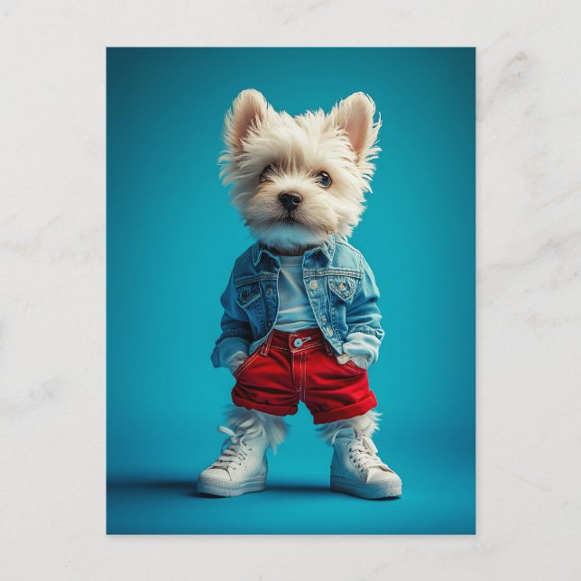 Cartão Postal Na moda Westie Pup em Denim e Sneakers (Frente)