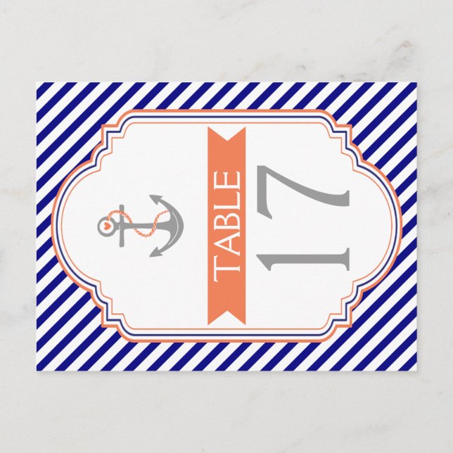 Cartão Postal Naby azul, coral número da mesa náutica de casamen (Verso)